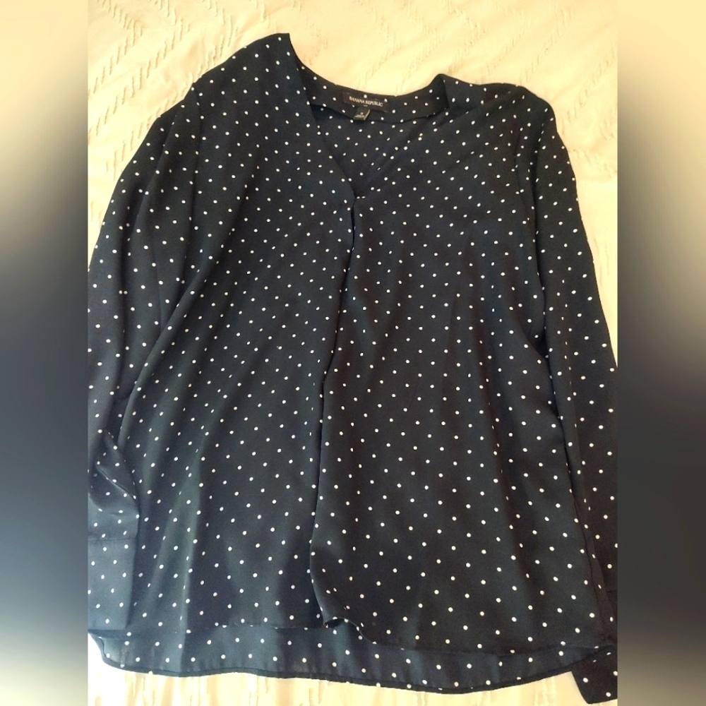 Banana Republic Dotted Long Sleeve Blouse, Navy & White, SP, NEW